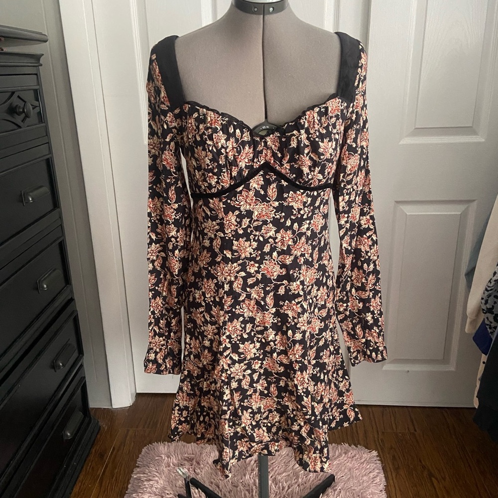 SO Black and Pink Floral Long Sleeve Dress